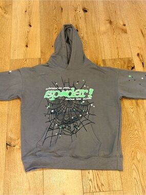 Authentic Sp5der Punk V2 Hoodie Slate Grey with one small almost unvisible stain